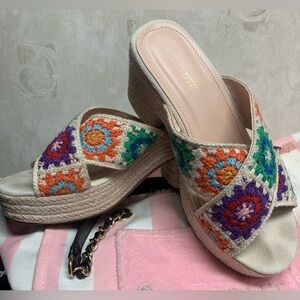 Beige crochet heeled sandals